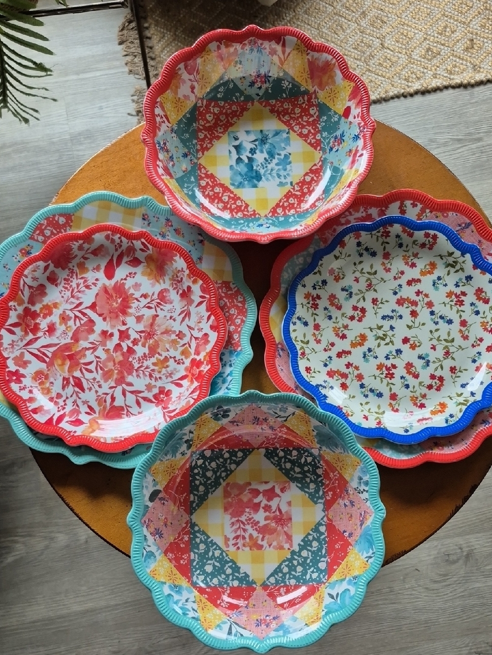 The Pioneer Woman Patchwork Medley Melamine 12 Piece Set. 4 of each piece shown